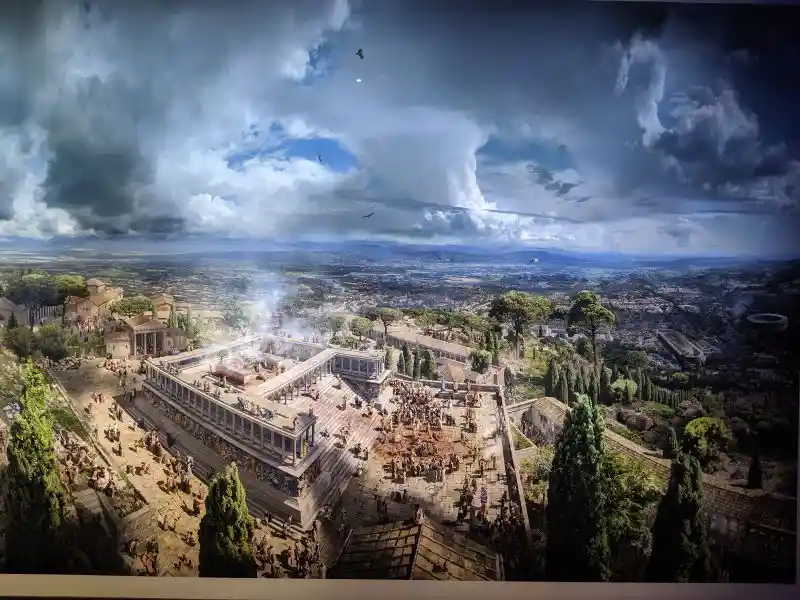 The full view of the Pergamon altar with dark blue sky from the panorama located at the Pergamon museum